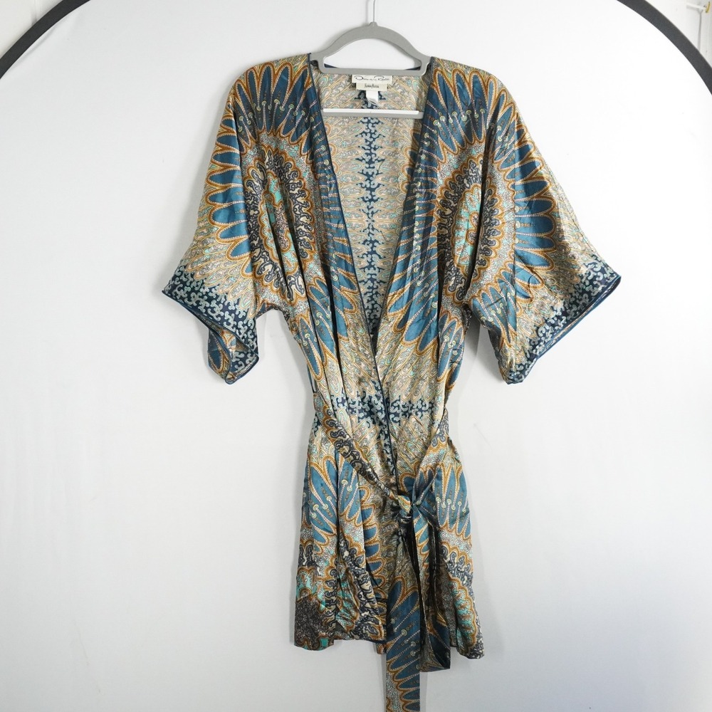 Oscar de la Renta Neiman Marcus Kimono‎ Robe Blue Gold Paisley Mandala Size M